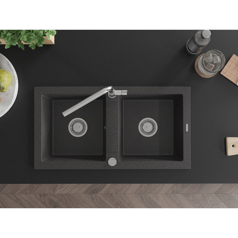 Mexen Mario гранитна кухненска мивка с 2 камери с кухненски смесител Flora, черно петнисто - 6504-76-670401-00