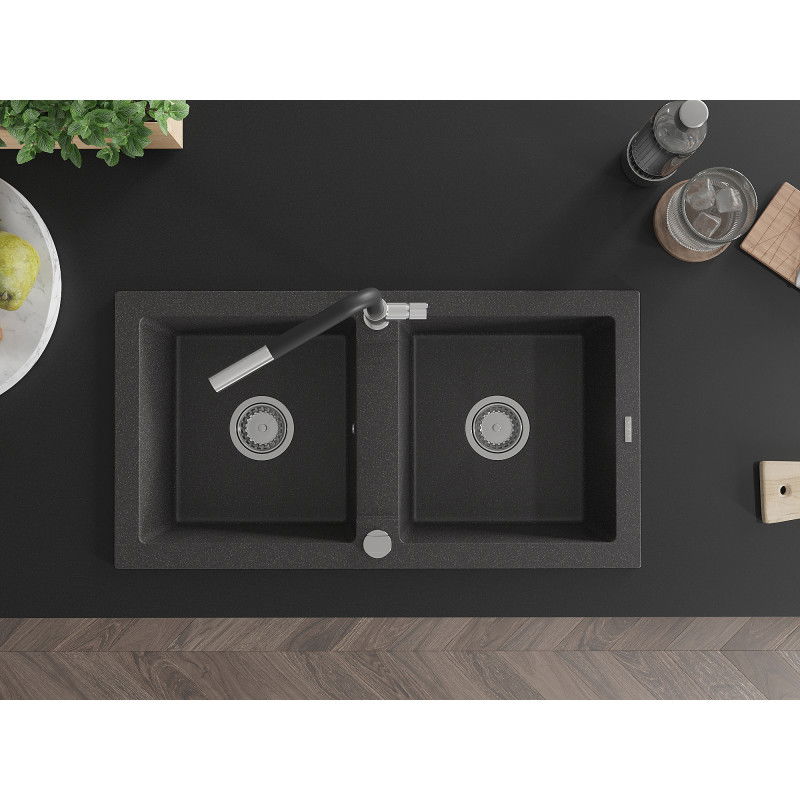 Mexen Mario гранитна мивка с 2 отделения и кухненски смесител Flora, черен напукан - 6504-76-670401-07