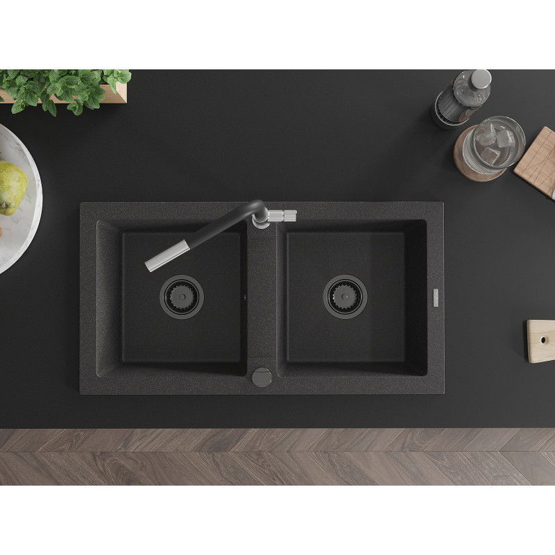Mexen Mario мивка от гранит 2-камерна с кухненски смесител Flora, черен на точки - 6504-76-670401-07-B