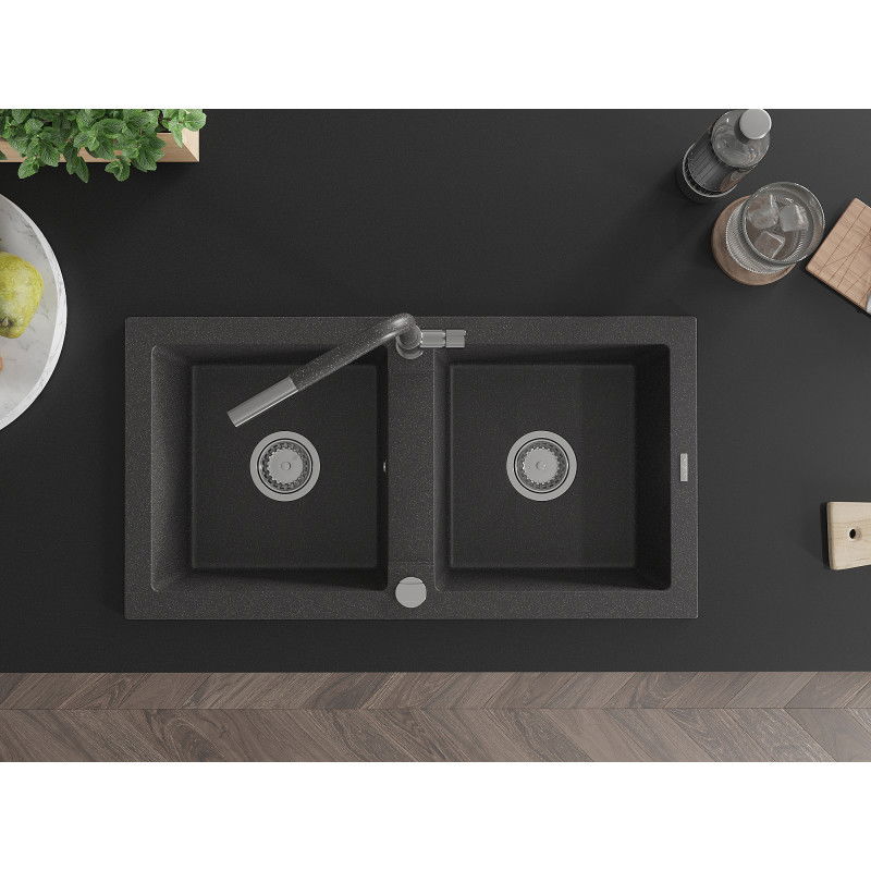 Mexen Mario гранитна мивка 2-коморна с кухненски смесител Flora, черен на пръски - 6504-76-670401-08