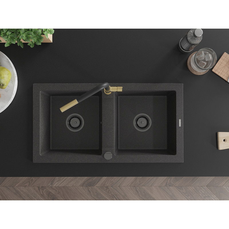 Mexen Mario двойна мивка от гранит с кухненски смесител Flora, черен на петна - 6504-76-670401-57-B