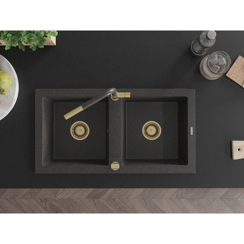 Mexen Mario Гранитна мивка с 2 отделения и кухненски смесител Flora, черен на пръски - 6504-76-670401-75-G