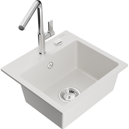 Mexen Milo гранитна кухненска мивка с 1 отделение с кухненски смесител Flora, бял - 6505-20-670401-00