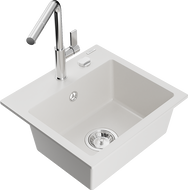 Mexen Milo гранитна кухненска мивка с 1 отделение с кухненски смесител Flora, бял - 6505-20-670401-00