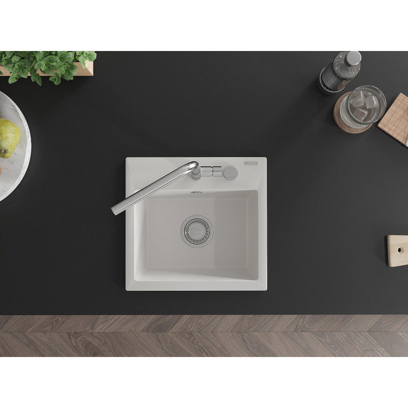 Mexen Milo гранитна кухненска мивка с 1 отделение с кухненски смесител Flora, бял - 6505-20-670401-00