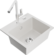 Mexen Milo кухненска мивка от гранит с 1 отделение и кухненски смесител Flora, бял - 6505-20-670401-02