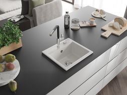 Mexen Milo 1-камерна гранитна мивка с кухненски смесител Flora, бяла - 6505-20-670401-07