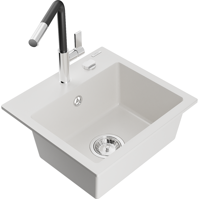Mexen Milo 1-камерна гранитна мивка с кухненски смесител Flora, бяла - 6505-20-670401-07