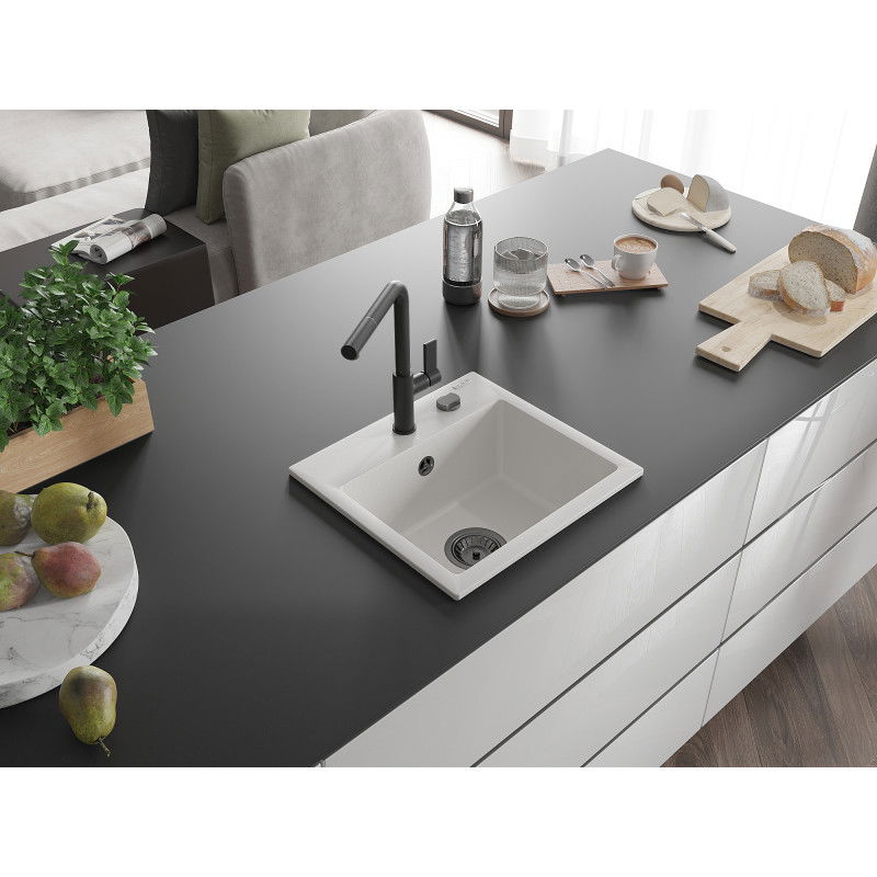 Mexen Milo кухненска мивка от гранит с 1 отделение и кухненски смесител Flora, бял - 6505-20-670401-70-B