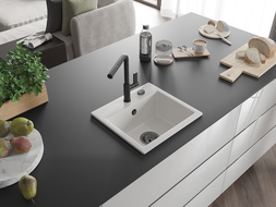 Mexen Milo кухненска мивка от гранит с 1 отделение и кухненски смесител Flora, бял - 6505-20-670401-70-B