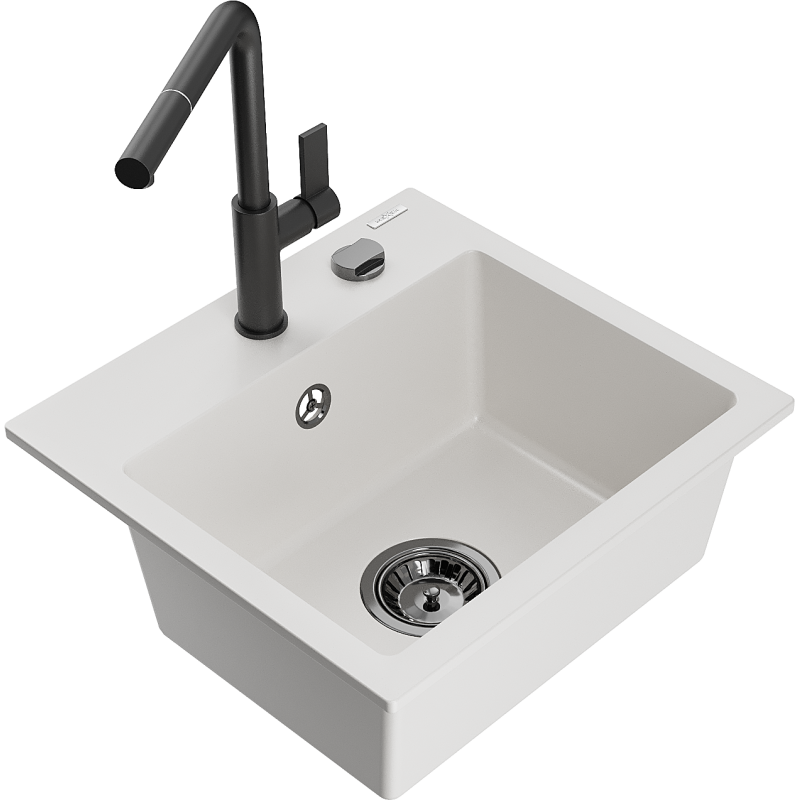 Mexen Milo кухненска мивка от гранит с 1 отделение и кухненски смесител Flora, бял - 6505-20-670401-70-B