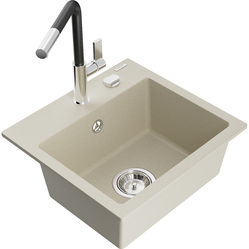 Mexen Milo гранитна мивка с 1 корито и кухненски смесител Flora, бежов - 6505-69-670401-07