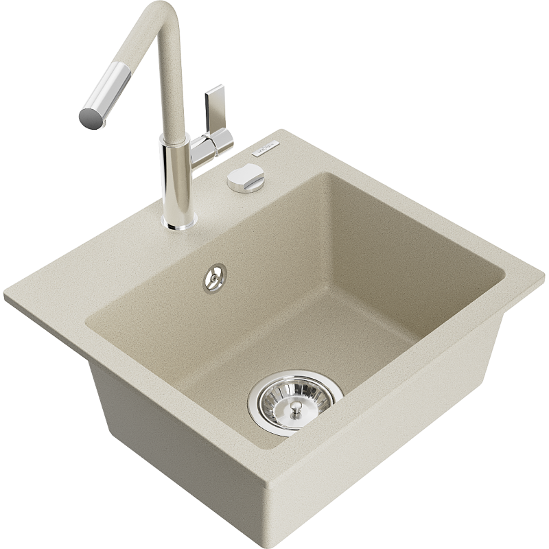 Мивка от гранит Mexen Milo с 1 камера и кухненски смесител Flora, бежов - 6505-69-670401-09