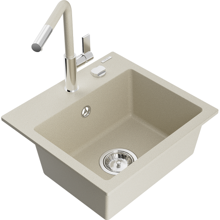 Мивка от гранит Mexen Milo с 1 камера и кухненски смесител Flora, бежов - 6505-69-670401-09