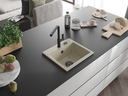 Mexen Milo гранитна мивка с 1 отделение с кухненски смесител Flora, бежова - 6505-69-670401-70-B