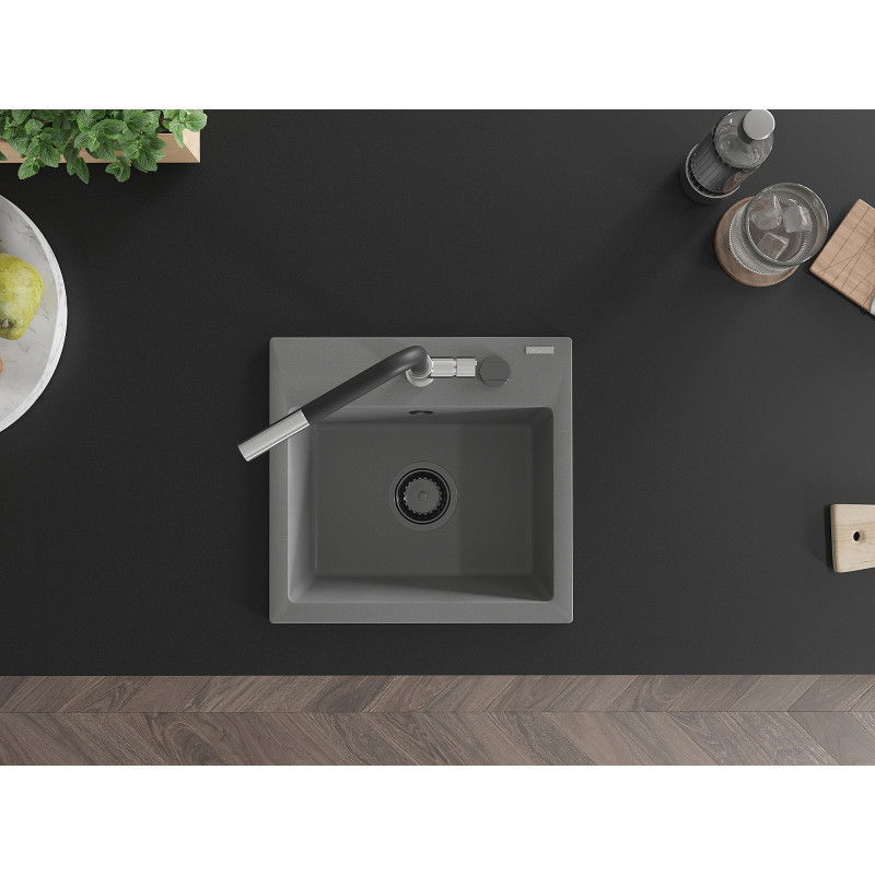 Mexen Milo кухненска мивка от гранит с 1 отделение и кухня батерия Flora, сив - 6505-71-670401-07-B