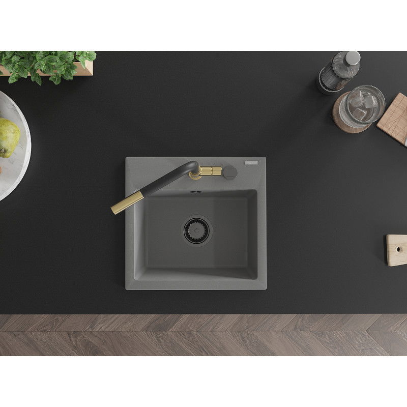 Mexen Milo кухненска мивка от гранит с 1 отделение с кухненски смесител Flora, сив - 6505-71-670401-57-B