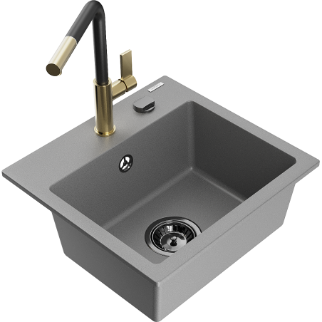 Mexen Milo кухненска мивка от гранит с 1 отделение с кухненски смесител Flora, сив - 6505-71-670401-57-B