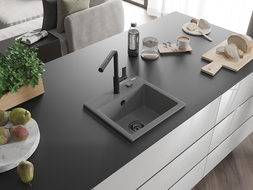 Mexen Milo гранитна мивка с 1 камера с кухненски смесител Flora, сива