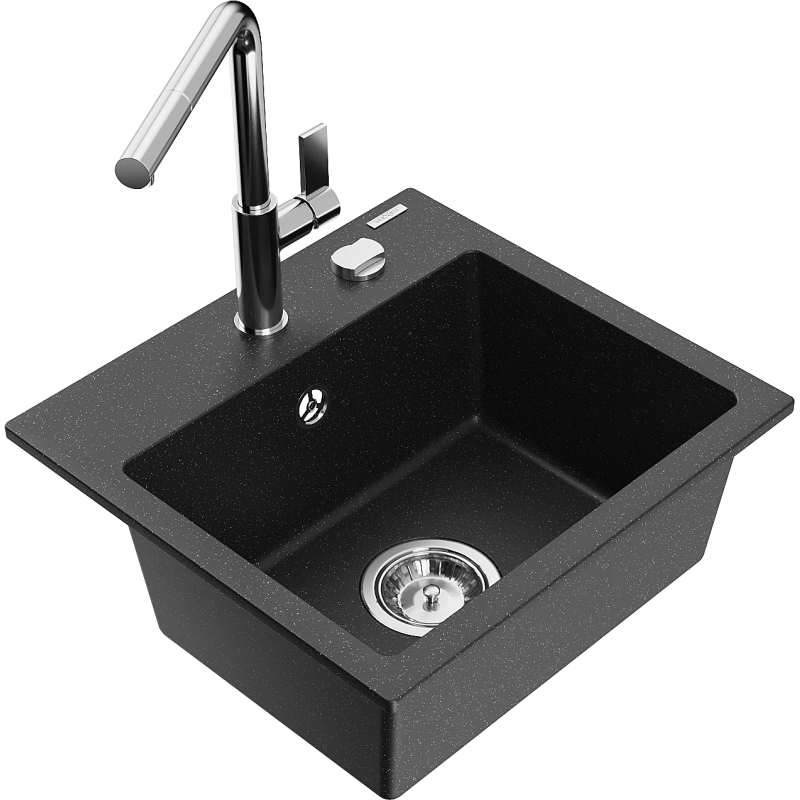 Mexen Milo гранитна мивка с 1 отделение с кухненски смесител Flora, черно/сребрист металик - 6505-73-670401-00