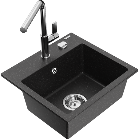 Mexen Milo гранитна мивка с 1 отделение с кухненски смесител Flora, черно/сребрист металик - 6505-73-670401-00