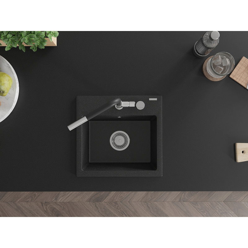 Mexen Milo гранитна мивка с 1 камера и кухненски смесител Flora, черен/сребърен металик - 6505-73-670401-07