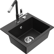 Mexen Milo гранитна мивка с 1 камера и кухненски смесител Flora, черен/сребърен металик - 6505-73-670401-07