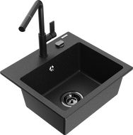 Mexen Milo еднокоморна гранитна мивка с кухненски смесител Flora, черно/сребърен металик - 6505-73-670401-70-B