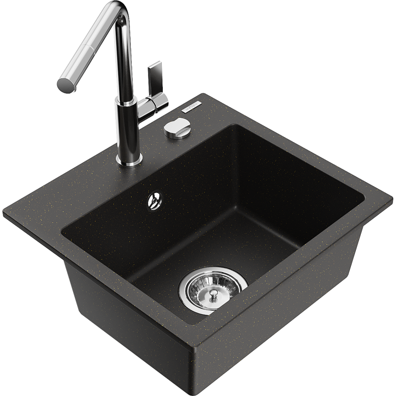 Mexen Milo гранитна мивка с 1 отделение и кухненски смесител Flora, черен/златист металик - 6505-75-670401-00