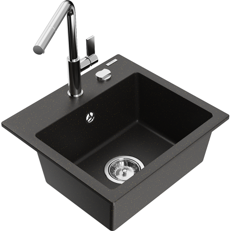 Mexen Milo гранитна мивка с 1 отделение и кухненски смесител Flora, черен/златист металик - 6505-75-670401-00
