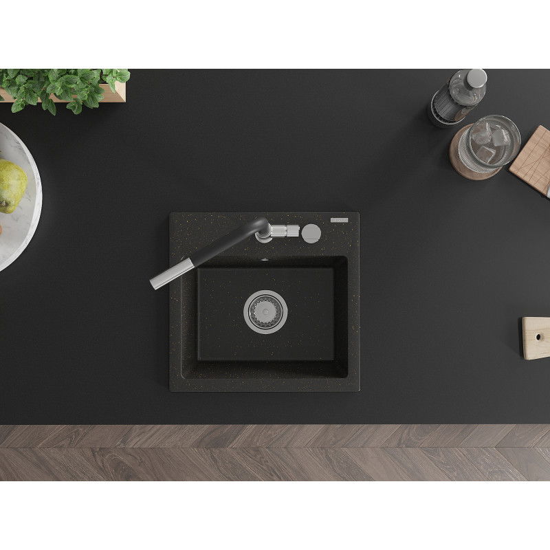 Mexen Milo мивка от гранит с 1 отделение и кухненски смесител Flora, черен/златист металик - 6505-75-670401-07