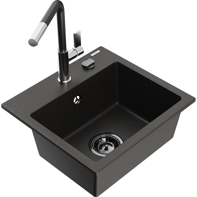 Mexen Milo гранитна кухненска мивка с 1 корито и кухненски смесител Flora, черно/златен металик - 6505-75-670401-07-B