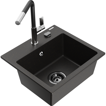 Mexen Milo гранитна кухненска мивка с 1 корито и кухненски смесител Flora, черно/златен металик - 6505-75-670401-07-B