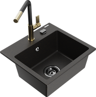 Mexen Milo гранитна мивка с 1 отделение с кухненски смесител Flora, черен/златен металик - 6505-75-670401-57-B