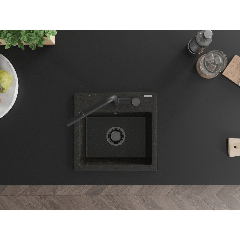 Mexen Milo гранитна кухненска мивка с 1 корито с кухненски смесител Flora, черно/златен металик - 6505-75-670401-70-B