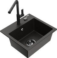 Mexen Milo гранитна кухненска мивка с 1 корито с кухненски смесител Flora, черно/златен металик - 6505-75-670401-70-B