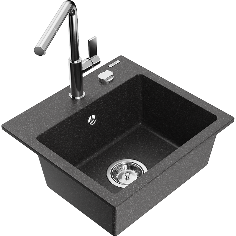Mexen Milo гранитна мивка с 1 отделение с кухненски смесител Flora, черен на пръски - 6505-76-670401-00