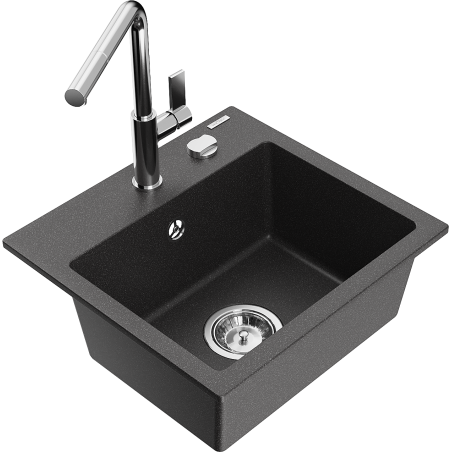 Mexen Milo гранитна мивка с 1 отделение с кухненски смесител Flora, черен на пръски - 6505-76-670401-00