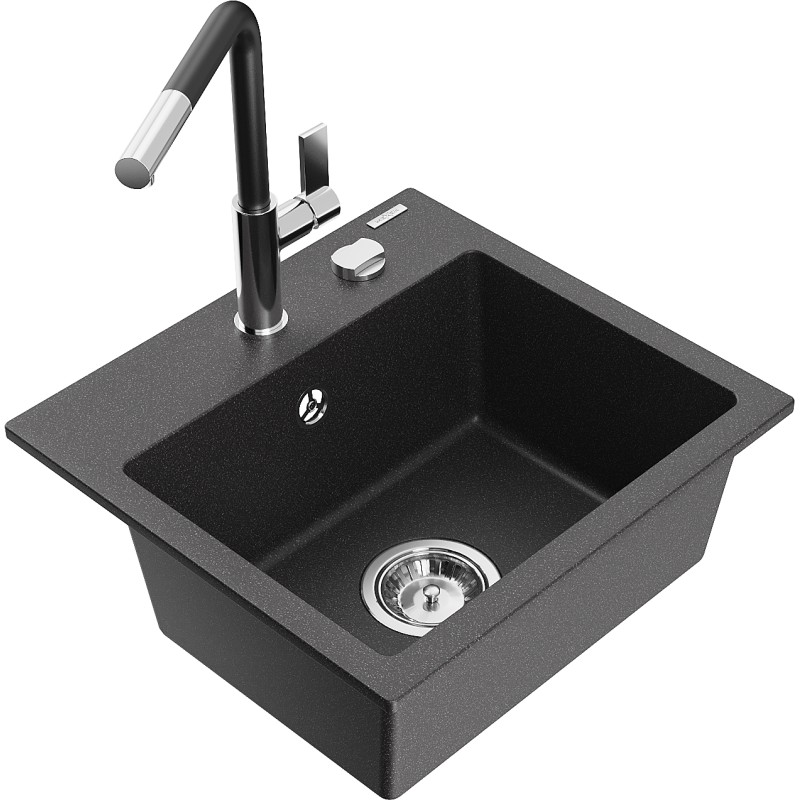 Mexen Milo гранитна мивка с 1 отделение и кухненски смесител Flora, черен на пръски - 6505-76-670401-07