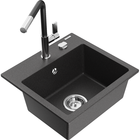 Mexen Milo гранитна мивка с 1 отделение и кухненски смесител Flora, черен на пръски - 6505-76-670401-07