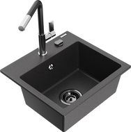 Mexen Milo гранитна кухненска мивка с 1 корито и кухненски смесител Flora, черен с пръски - 6505-76-670401-07-B
