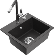 Mexen Milo еднокоморна гранитна мивка с кухненски смесител Flora, черен/златен металик - 6505-76-670401-08