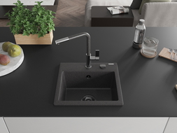 Mexen Milo гранитна мивка с 1 отделение с кухненски смесител Flora, черен на пръски - 6505-76-670401-08-B
