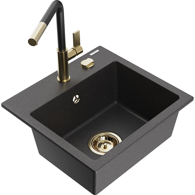 Mexen Milo гранитна мивка с една камера с кухненски смесител Flora, черен на петна - 6505-76-670401-57-G