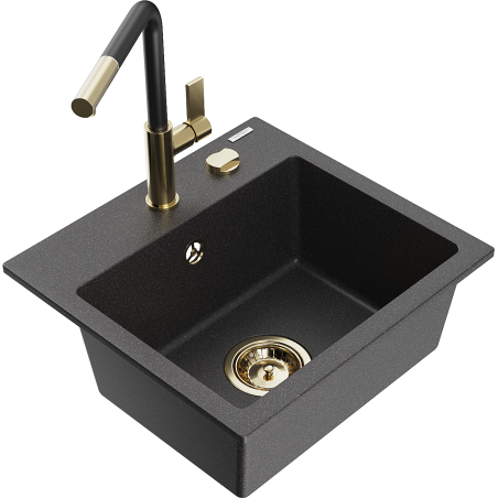 Mexen Milo гранитна мивка с една камера с кухненски смесител Flora, черен на петна - 6505-76-670401-57-G