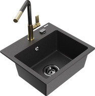 Mexen Milo гранитна кухненска мивка с 1 корито с кухненски смесител Flora, черен на пръски - 6505-76-670401-75-B