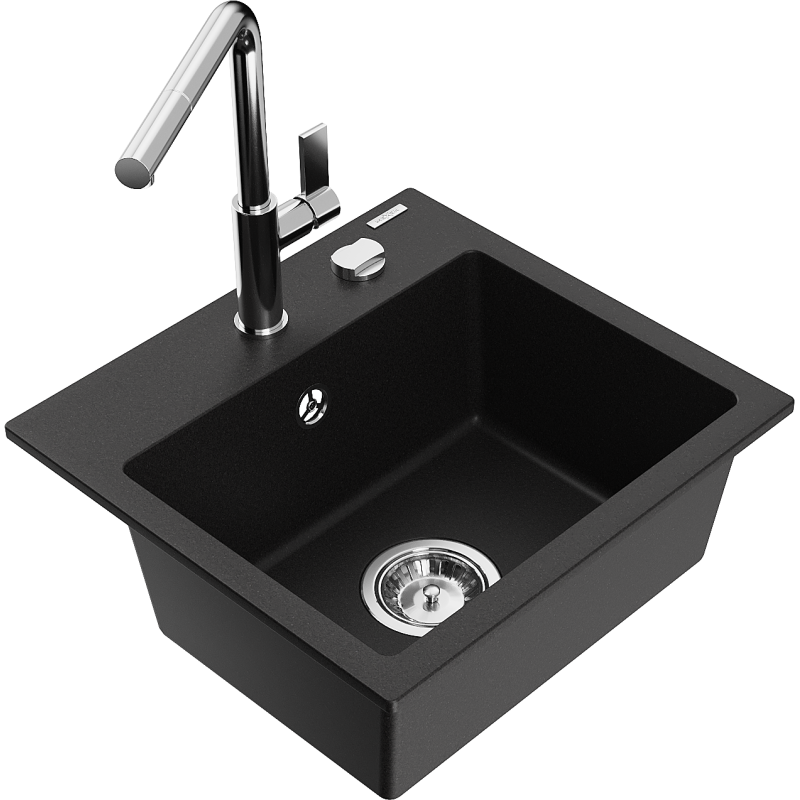 Mexen Milo гранитна мивка с 1 камера и кухненски смесител Flora, черен - 6505-77-670401-00