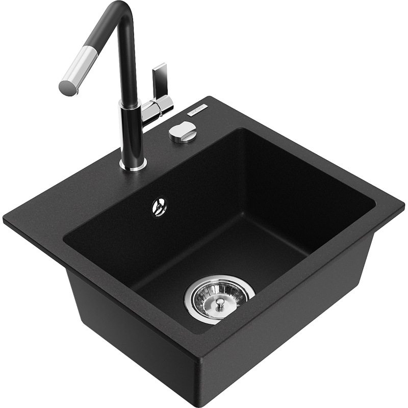 Mexen Milo гранитна мивка с 1 отделение с кухненски смесител Flora, черен - 6505-77-670401-07
