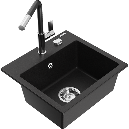 Mexen Milo гранитна мивка с 1 отделение с кухненски смесител Flora, черен - 6505-77-670401-07