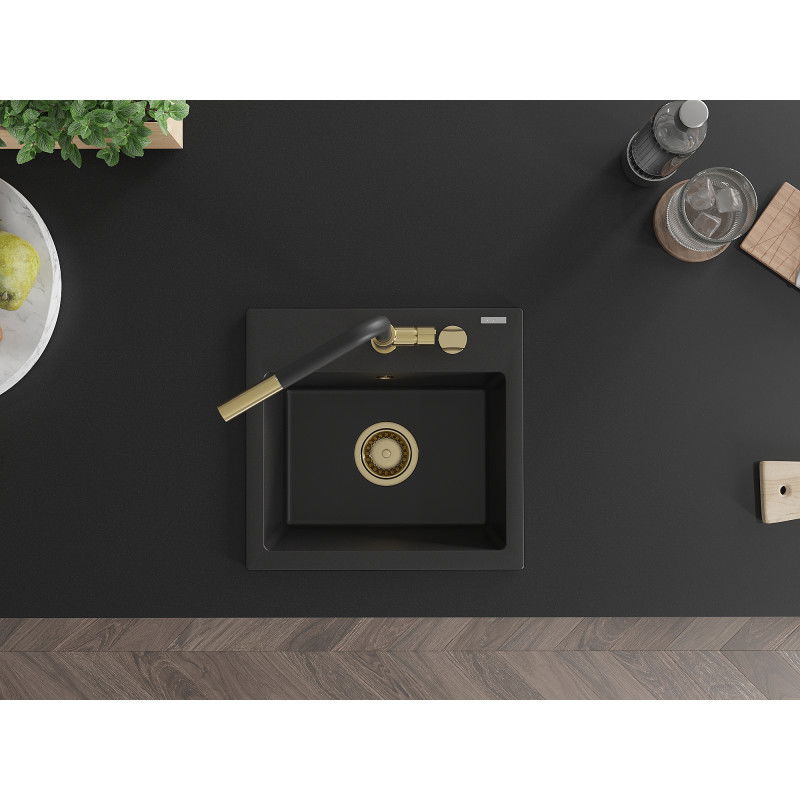 Mexen Milo гранитна кухненска мивка с 1 камера и кухненски смесител Flora, черен - 6505-77-670401-57-G